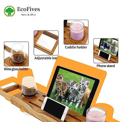 EcoFives Teak Bathtub Tray Caddy - Expandable Bath Tray - Adjustable Organizer Tray for Bathroom - Luxury Bath Caddy Tub Table, Bathtub Accessories & Bathroom Gadgets