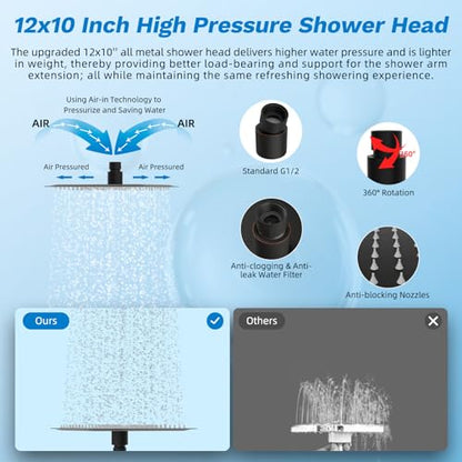 Hibbent High Pressue All Metal 12" Rainfall Shower Head, Handheld 10-Spray | cUPC Certified Oil-Rubbed Bronze Dual Showerhead Combo, 4-way Diverter with Pause Mode, Extension Arm, 71'' Hose & Holder - color: Oil Rubbed Bronze, style: Square 12"