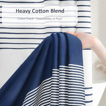 Navy Blue Coastal Ocean Cotton Striped Shower Curtain with Tassel 72W X 72L | Boho Farmhouse Shower Curtains for Bathroom with Soft Cotton Feel - color: Navy Blue, size: 72"W x 72"L