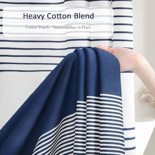 Navy Blue Coastal Ocean Cotton Striped Shower Curtain with Tassel 60W X 72L | Boho Farmhouse Shower Curtains for Bathroom with Soft Cotton Feel - color: Navy Blue, size: 60"W x 72"L