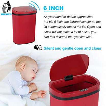 13 Gallon 50L Touch Free Automatic Stainless Steel Trash Can Garbage Can Metal Trash Bin with Lid for Kitchen Living Room Office Bathroom, Electronic Motion Sensor Automatic Trash Can - Red - color: Red