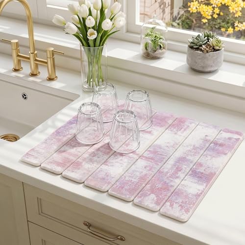 Findosom Stone Dish Drying Mat for Kitchen Counter, 15.7" × 11.8" Foldable Non-Slip Stone Drying Mat with Abstract Pattern, Heat Resistant Diatomaceous Earth Mat for Bath, Dishes, Cups, Pink - color: Pink, size: 15.7" x 11.8"