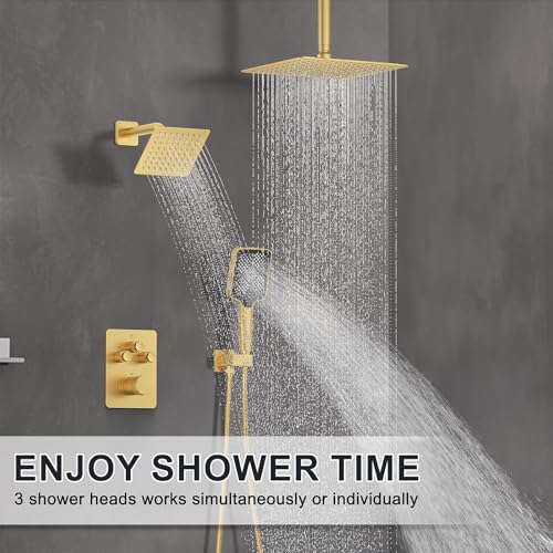 Iriber Thermostatic Shower System with Adjustable Water Flow Push Button Diverter, Square Dual Shower Heads Faucet Set with Handheld Spray, Brushed Gold Shower Mixer Valve Trim Kit (Valve Included) - color: Brushed Gold 05