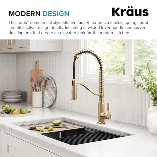 KRAUS Torak Pull Down Kitchen Faucet in Spot-Free Brushed Brass with Commercial Style Spring Spout, 2 Function Sprayer, Pre-Attached Water Lines, and Mounting Hardware, KPF-2635SFBB - color: Spot Free Brushed Brass, style: Commercial Faucet