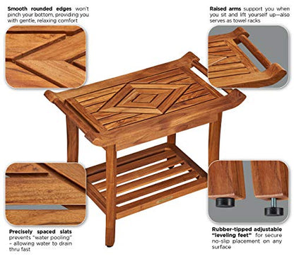 Teak Shower Bench Stool Seat, w/Leveling Feet, Waterproof, Teak Oil Finish | Xtra-Comfortable, 25” Wide 19” Tall 14” Deep, for Indoor/Outdoor Shower, Front Entrance, Spa, Sauna, Pool Deck, Patio, Garden