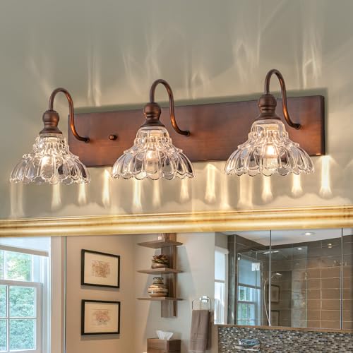 EDISLIVE Vintage Vanity Light for Bathroom ORB 3-Light Bath Wall Light Fixture with Clear Flower Glass Shades 26.38" E12 Antique Wall Sconce for Bedroom Hallway Living Room Vanity Mirror - color: ORB, size: 3 Light