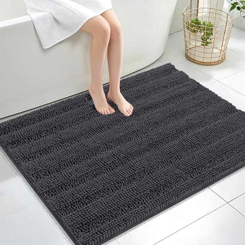 OLANLY Thick Large Bathroom Rugs 40x32, Soft Chenille Bath Rugs, Dark Grey | Absorbent Striped, Rubber Backing, Machine Wash Dry, Bath Mats for Bathroom Floor, Tub and Shower, Home Decor Accessories - color: Dark Grey, size: 40" X 32"