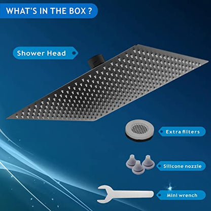 Voolan Oversize Rain Shower Head - High Flow Square Rainfall Showerhead - Waterfall Full Body Coverage - Universal Ceiling or Wall Mount (16 Inch, Matte Black) - color: Matte Black, size: 16 Inch