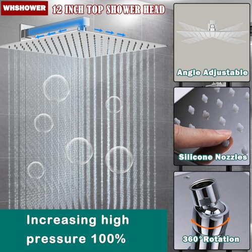 Temperature Display Rain Mixer Shower Faucet Set with 6 pcs Body Jets 12 inch Square Rainfall Shower Head with Handheld Spray Wall Mounted Rough-in Valve and Trim Included,Chrome - color: Chrome