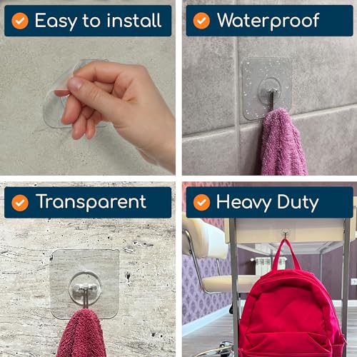 Adhesive Wall Hooks for Hanging, Heavy Duty No Drill, 22 lbs, 12 Pack | GLUIT Adhesive Wall Hooks for Hanging, Transparent Waterproof Sticky Towel Hook for Bathroom Kitchen Home Outdoor - size: Medium, 12 pcs