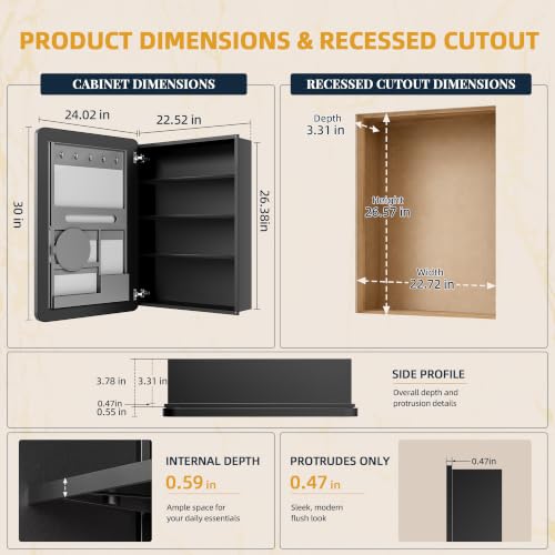 24x30 Black Medicine Cabinet Mirror, Recessed or Surface Mount | Built-in makeup organizer with lipstick slots, Brush holders and inner mirror; 3 adjustable shelves; Rustproof aluminum - size: 24" x 30"