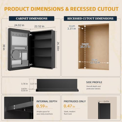 24x30 Black Medicine Cabinet Mirror, Recessed or Surface Mount | Built-in makeup organizer with lipstick slots, Brush holders and inner mirror; 3 adjustable shelves; Rustproof aluminum - size: 24" x 30"