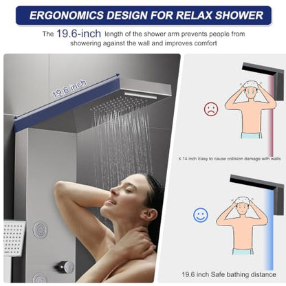 ROVATE 4-in-1 Rainfall Waterfall Shower Panel Tower System, Brushed Finish | Shower Column with Body Massage Jets and Handheld, Stainless Steel High Pressure, Use Multiple Functions Simultaneously - color: Brushed Finish