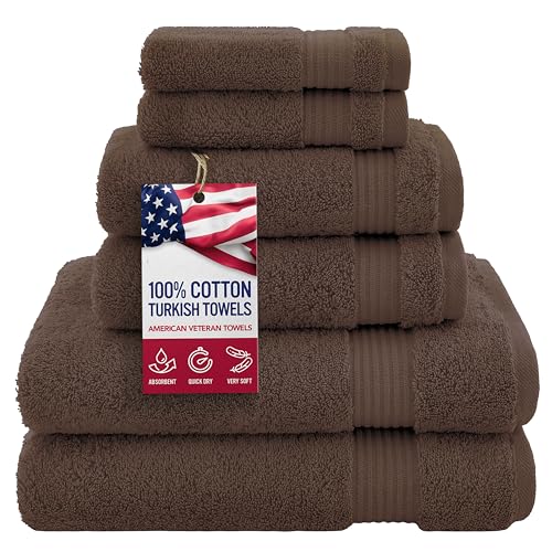 American Veteran Towel, 100% Cotton Turkish 6 Piece Towel Set, Luxury Towels Set of 6 for Bathroom Essentials, 2 Bath Towels 2 Hand Towels 2 Washcloths, Brown - color: Brown, size: XL 6PC