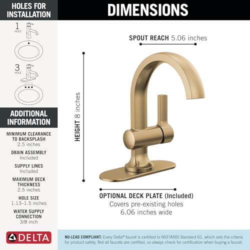 Delta Albion Brushed Gold Bathroom Faucet 1 Hole, Single Hole Bathroom Sink Faucet for Vanity, Metal Push-Pop Drain Assembly, Champagne Bronze 15855LF-CZ - color: Champagne Bronze
