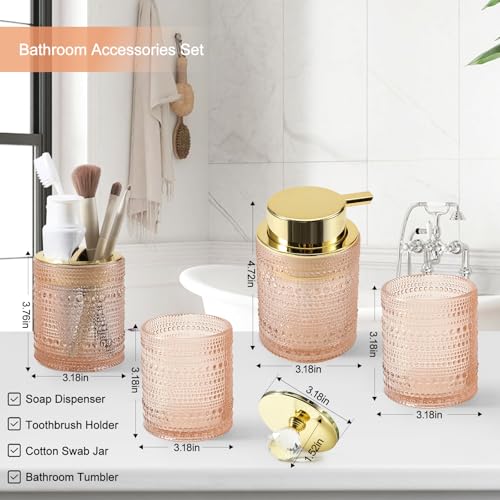 DASITON Bathroom Accessories Set,4Pcs Glass Bathroom Counter Set with Foaming Soap Dispenser,Toothbrush Holder,Bathroom Tumbler,Cotton Swab Jars, for Vanity Bathroom Decor(Pink A) - style: Pink A