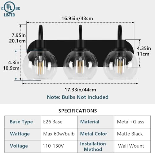 Dpyrrhic Bathroom Vanity Light,Modern 3-Light Bathroom Lighting Fixtures Over Mirror with Clear Glass Shade and Metal Base,Matte Black Bathroom Lighting - color: Black, size: 3-Light