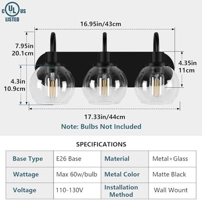 Dpyrrhic Bathroom Vanity Light,Modern 3-Light Bathroom Lighting Fixtures Over Mirror with Clear Glass Shade and Metal Base,Matte Black Bathroom Lighting - color: Black, size: 3-Light