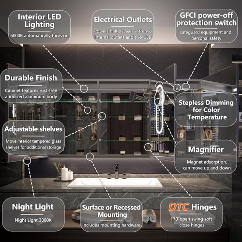 Luxury 72" Wall-Mounted LED Bathroom Medicine Cabinet, Outlets, Anti-Fog | Surface-Mount/Recessed, Double-Sided Mirror Cabinet, 3 Color Temp, DTC Silent-Close Hinges, Adjustable Tempered Glass Shelfs - size: 72"W x 36"H