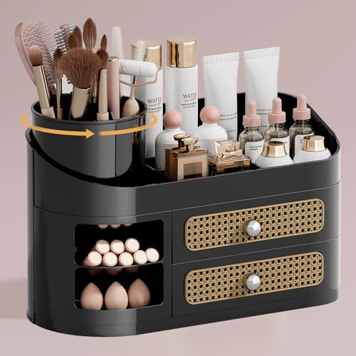 UFORU Makeup Organizer Countertop with Rotating Brush Holder for Vanity | 2 Rattan Drawers, Divided Compartments, Large Capacity, Space-Saving,, Compact Footprint, Ideal for Dorm Rooms - color: Black