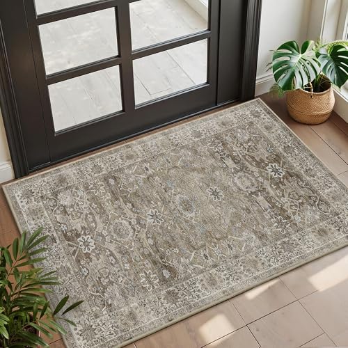 2x3 Entryway Rug Brown Grey Washable Kitchen Rugs for Entryway | Vintage Kitchen Rugs Low Pile Non-Slip Door Mat Traditional Distressed Small Throw Carpet for Kitchen Entrance Bathroom - color: Brown Grey, size: 2'*3'(Rectangular)