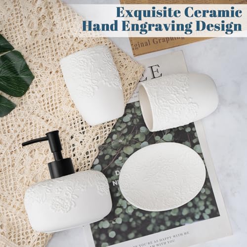 Bathroom Accessories Set, 4pcs Ceramic with Embossed Design Look Sets Bathroom Soap Dispenser 13.5oz & 2Pcs Ceramic Cup, 1Pcs Soap Dish - color: White-black