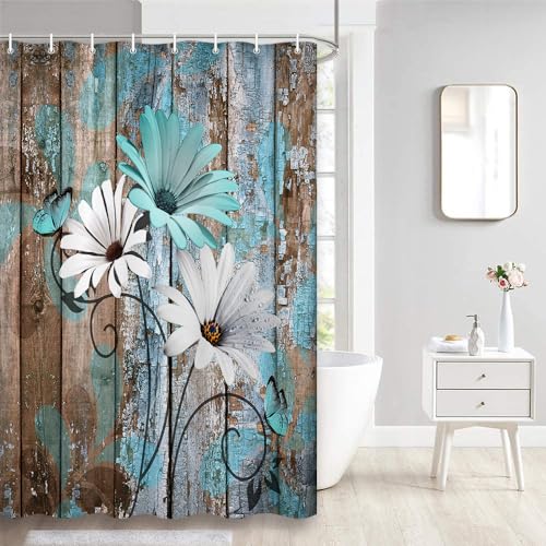 JAWO Farmhouse Flower Floral Shower Curtain, Rustic Teal Turquoise Daisy Shower Curtain Set, Country Blue Wild Garden Plant Fabric Shower Curtain with Hooks, Surreal Bathroom Curtain, 36x70inch - color: Daisy-teal, size: 36"W x 70"L (Pack of 1)