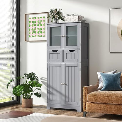 COSTWAY Bathroom Storage Cabinet, Freestanding Bathroom Organizer with Glass Doors, 2 Drawers and 2 Adjustable Shelves, Tall Linen Floor Cabinet for Bathroom, Living Room, Kitchen (Gray) | with Glass Doors, 2 Drawers & 2 Adjustable Shelves, Wooden Linen F