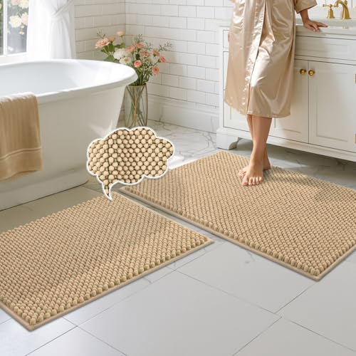 BSICPRO Bathroom Rugs Set 2 Piece, Thick Soft Multi-Color Chenille Absorbent Bath Mats, Non Slip Washable Bath Rugs, Shower Mat for Bathroom Decor (Oatmeal and Light Green, 20" x 32" Plus 16" x 24") - color: Oatmeal and Light Green, size: 20" x 32" Plus 1