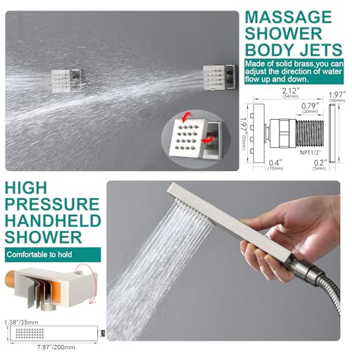 HOMEDEC Full Body Shower System with Dual Shower Heads, 6pcs Body Jets with 15.7x31.5" Rainfall and 6" Showerheads, Brushed Nickel - color: Brushed Nickel, style: 4-Way + 1x 6" Top
