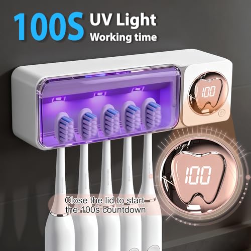 Toothbrush Holders Wall Mounted Name Labels No Drill for Family & Bathrooms | 5 name slots wall mount toothbrush holders, strong adhesive, fits electric/manual, 30-day bat, stops when open, HD display