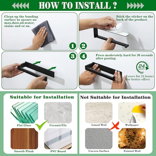 Alise Hand Towel Holder for Bathroom Wall Mounted Self Adhesive,Matte Black | Bathroom Towel Rack Without Screws,SUS304 Stainless Steel, Hand Towel Bar Towel Hanger for Bathroom,Kitchen,Cabinet - color: Black