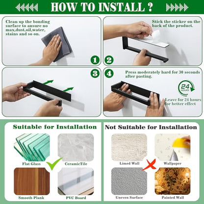 Alise Hand Towel Holder for Bathroom Wall Mounted Self Adhesive,Matte Black | Bathroom Towel Rack Without Screws,SUS304 Stainless Steel, Hand Towel Bar Towel Hanger for Bathroom,Kitchen,Cabinet - color: Black