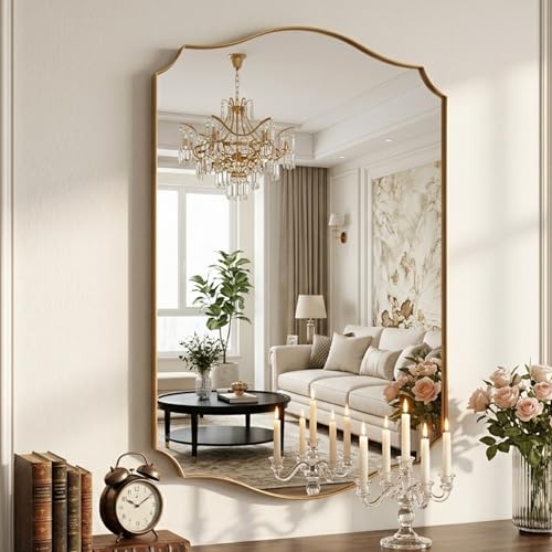 Gold Vanity Wall Mirror 39"x29", Scalloped Edge Bathroom Mirror | Rust-Proof Metal Frame, Hangs Vertically/Horizontally, Decorative Bathroom Mirror, For Vanity, Bedroom & Entryway - color: Gold, size: 39"L x 29"W