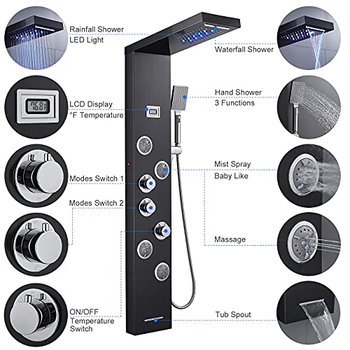 6-in-1 LED Shower Panel Tower System Stainless Steel Black | Rainfall + waterfall | 4 body jets | Handheld shower | Tub spout | LED display | Wall mount - color: Black