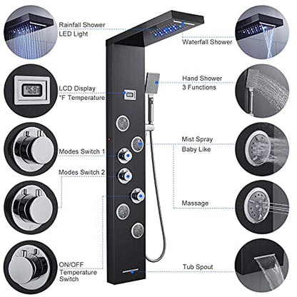 6-in-1 LED Shower Panel Tower System Stainless Steel Black | Rainfall + waterfall | 4 body jets | Handheld shower | Tub spout | LED display | Wall mount - color: Black