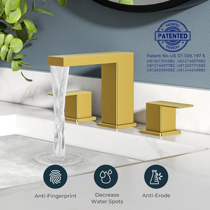FORIOUS 8" Brushed Gold Bathroom Faucet 3 Hole, Gold Vanity Faucet 3 Holes | CUPC 8 Inch Waterfall Bathroom Faucet Gold,3 Hole Bathroom Sink Faucet Widespread Set for Restroom, Lavatory, Hospitality - color: Brushed Gold, style: Transitional