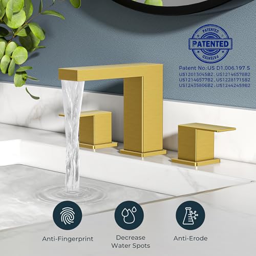 FORIOUS 8" Brushed Gold Bathroom Faucet 3 Hole, Gold Vanity Faucet 3 Holes | CUPC 8 Inch Waterfall Bathroom Faucet Gold,3 Hole Bathroom Sink Faucet Widespread Set for Restroom, Lavatory, Hospitality - color: Brushed Gold, style: Transitional