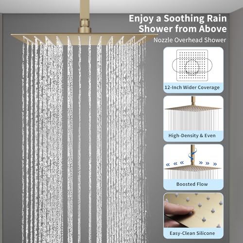 Dual Shower Mixer 6 Way Full Body Shower Head System Rain 12+8+8 Inch With Wall Mount 6 Pcs Jets 2 Handheld Shower Diverter Valve Digital Display Fauct Set,Brushed gold - color: Brushed gold