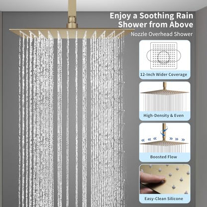 Dual Shower Mixer 6 Way Full Body Shower Head System Rain 12+8+8 Inch With Wall Mount 6 Pcs Jets 2 Handheld Shower Diverter Valve Digital Display Fauct Set,Brushed gold - color: Brushed gold