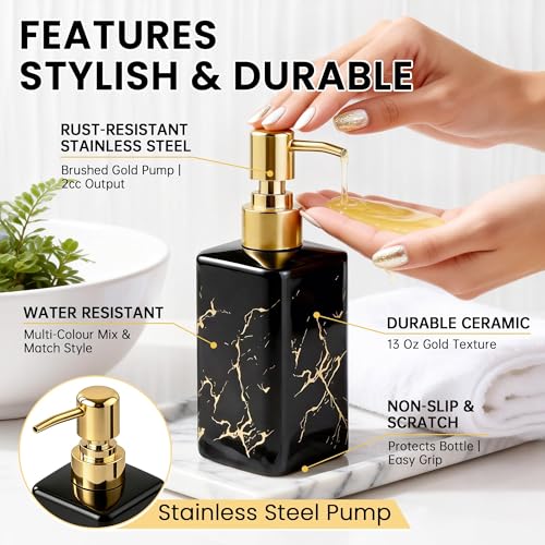 Black Ceramic Soap Dispenser with Gold Stripes, Refillable Hand Soap Dispenser for Bathroom Countertop & Kitchen Sink, Modern Square Lotion Pump Bottle for Dish Soap, Hand Soap & Lotion, 10oz - color: Black Gold