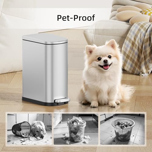 KSSKSS 2.6 Gallon/10L Slim Stainless Steel Bathroom Trash Can with Soft Close Lid, for Narrow Spaces,Bathroom, Bedroom (Silver) - color: Silver