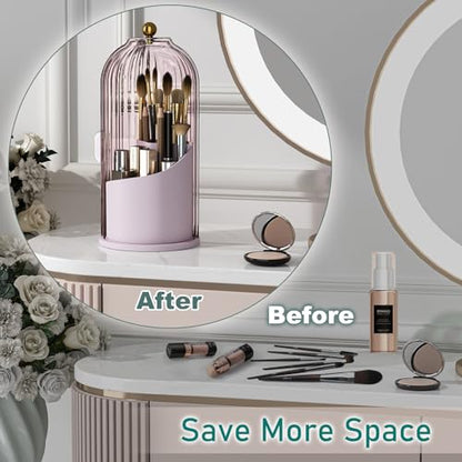 GAXmi Makeup Brush Holder with Lid Rotating Cosmetic Organizer, Pink-Purple | 360 Rotation, Waterproof, Dustproof, Moistureproof - color: Pink-Purple