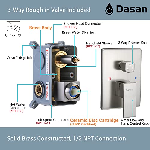 DASAN Tub Shower Faucets Sets Complete Brushed Nickel Bathtub Shower System with Tub Spout, Bathtub Faucet Set Tub and Shower Faucet Combo Trim Kit with Rough-in Valve, DA-SS03BN-S10W - color: Brushed Nickel