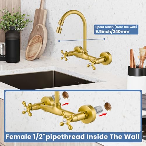 Airuida Antique Brass Wall Mounted Kitchen Faucet,Utility Sink Faucet | 8 Inch Adjustable Center,360° Swivel Spout,Wall Mount Commercial Faucet,Double Cross Handle - color: Antique Brass