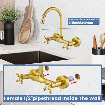 Airuida Antique Brass Wall Mounted Kitchen Faucet,Utility Sink Faucet | 8 Inch Adjustable Center,360° Swivel Spout,Wall Mount Commercial Faucet,Double Cross Handle - color: Antique Brass