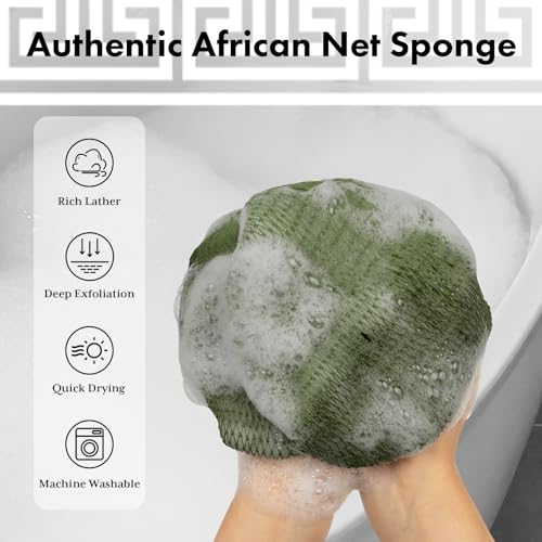 Bathway African Net Sponge Authentic with Handles (Set of 2), African Exfoliating Net Sponge, Exfoliating Body Scrubber Bath Sponge - Bathing Accessories with Storage Bag (Army Green & Olive Green) - color: Army Green & Olive Green
