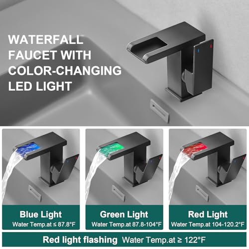 Hoimpro LED Bathroom Faucet 1 Hole, Single Handle Black Sink Faucets | Waterfall Widespread Faucet, 3 Colors Light Changing, with Pop-up Drain & cUPC Supply Lines, for Sink Vanity RV Restroom - color: Matte Black