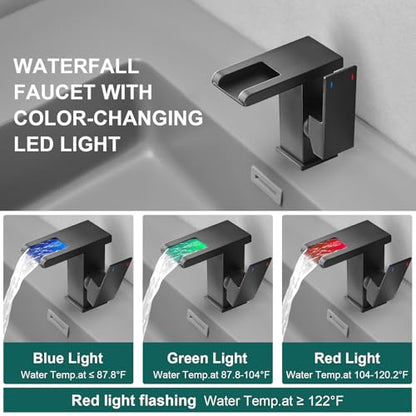 Hoimpro LED Bathroom Faucet 1 Hole, Single Handle Black Sink Faucets | Waterfall Widespread Faucet, 3 Colors Light Changing, with Pop-up Drain & cUPC Supply Lines, for Sink Vanity RV Restroom - color: Matte Black