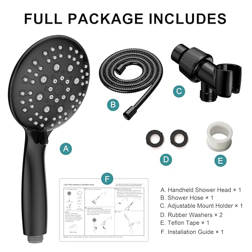 JDO Shower Head with Handheld, 6 Spray Settings High Pressure Hand Held Shower Head, 4.3" High Flow Rain Showerhead Set with Extra Long 59" Stainless Steel Hose and Adjustable Bracket(Matte Black) - color: Flat Black